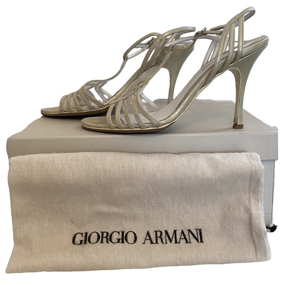 Giorgio Armani 4” strappy heels metallic neutral Sz 37 Orig box & dust bag incl. - Picture 1 of 10